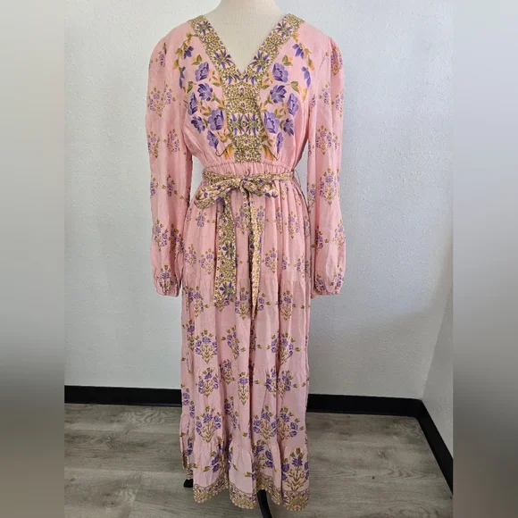 A Loves A Woven Floral Print Deep V-Neck Long Bubble Sleeve Maxi Dress XL - Picture 3 of 11